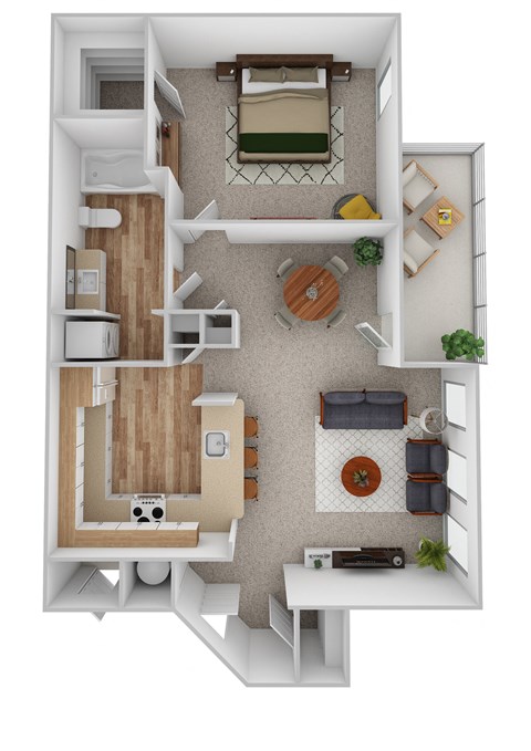 a stylized floor plan of a 1 bedroom apartment